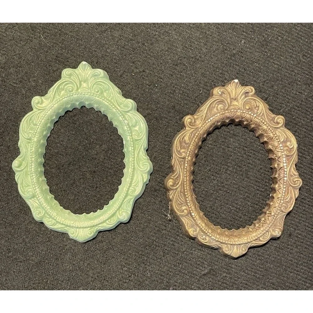 Two Small Vintage Plaster of Pairs Mint Green and Gold Frames 6.5x5”